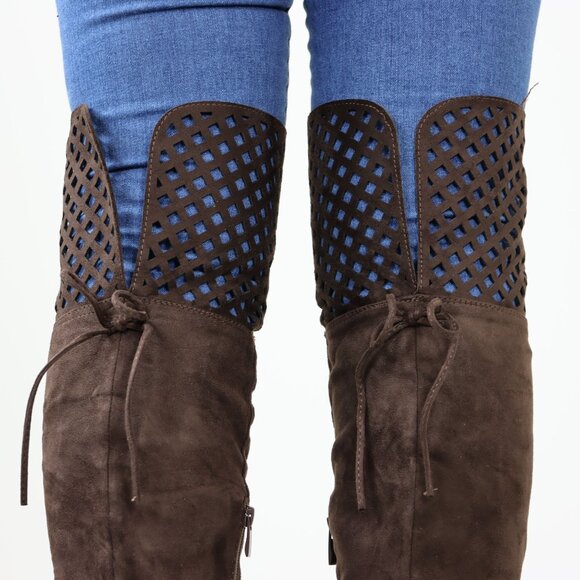 Brown Thigh High Over The Knee Flat Boots Faux Suede - Picture 13 of 14